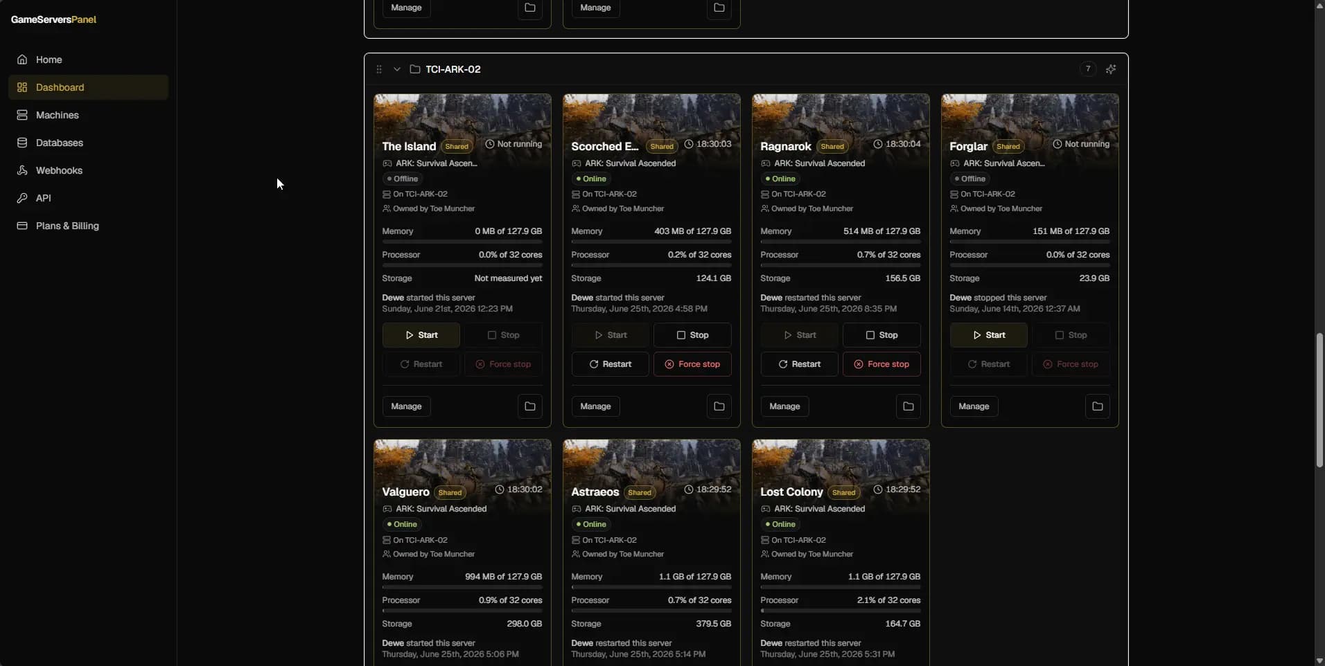 The GameServersPanel dashboard showing multiple ARK servers with live memory, CPU, and storage usage plus start, stop, restart, and manage controls.